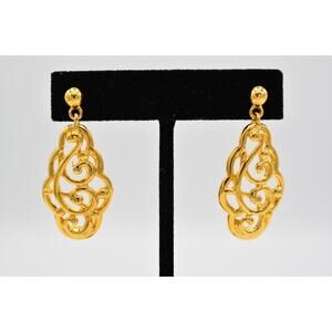 Anne Klein Vintage Earrings Dangle Shiny Yellow Gold Tone Signed 1980s BinAK